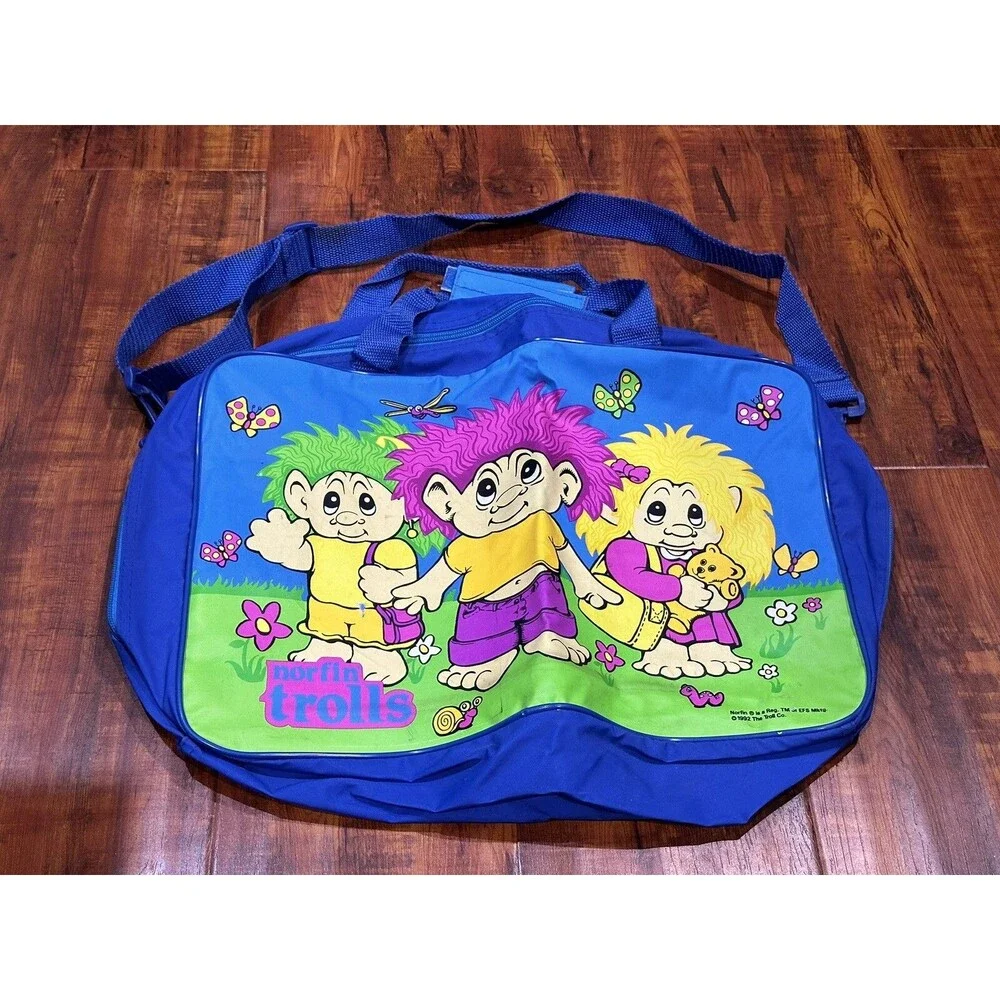 Vintage 1992 Norfin Trolls Vinyl Zip Handbag Storage Travel 16x12” Shoulder Bag